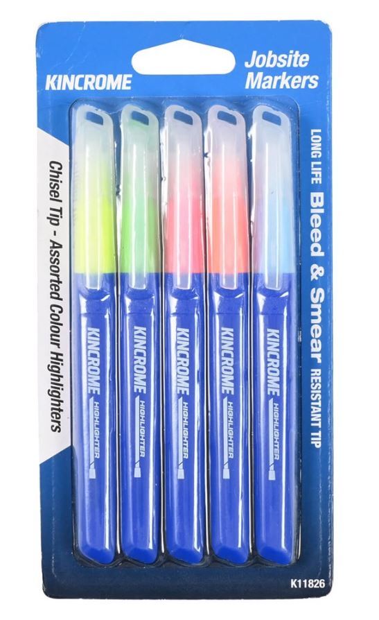 HIGHLIGHTER CHISEL TIP 5 PACK ASSORTED COLOURS - K11826