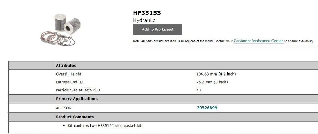 HYDRAULIC FILTER SET SUITS ALLISON - ZFGHF35153
