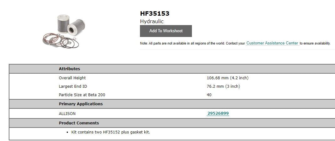 HYDRAULIC FILTER SET SUITS ALLISON - ZFGHF35153