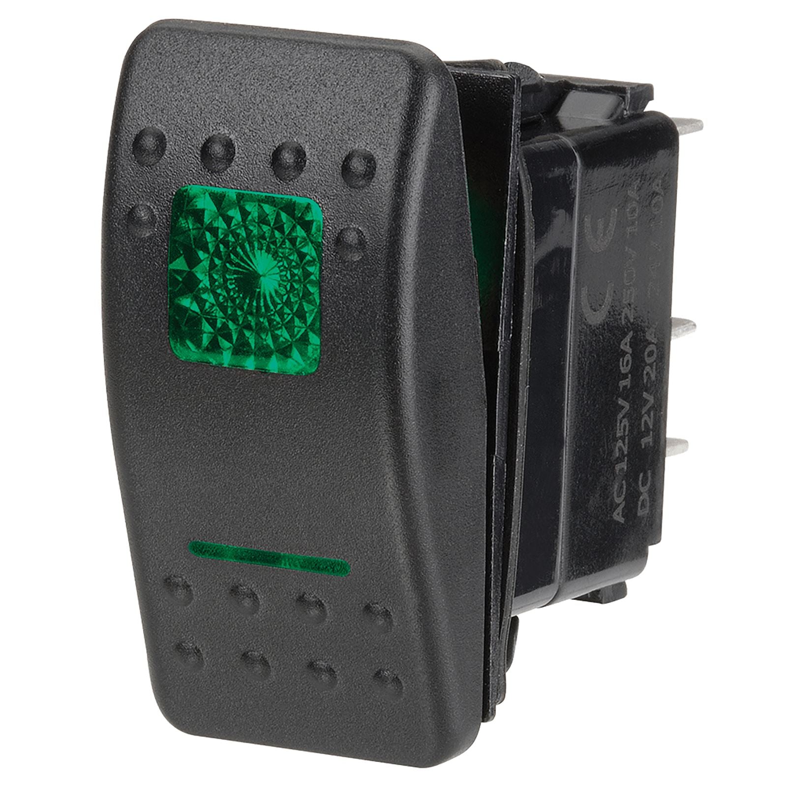 12V ILLUMINATED OFF/ON SEALED ROCKER SWITCH- GREEN - 63124BL - 63124BL