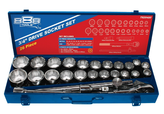 SOCKET SET - 888 3/4"DR 12PT 26PC METAL BOX - T820400